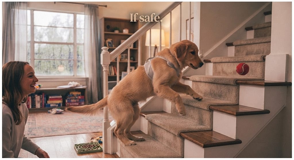 Staircase fetch photo Toy thrown up stairs, dog retrieving. Text: "If safe."