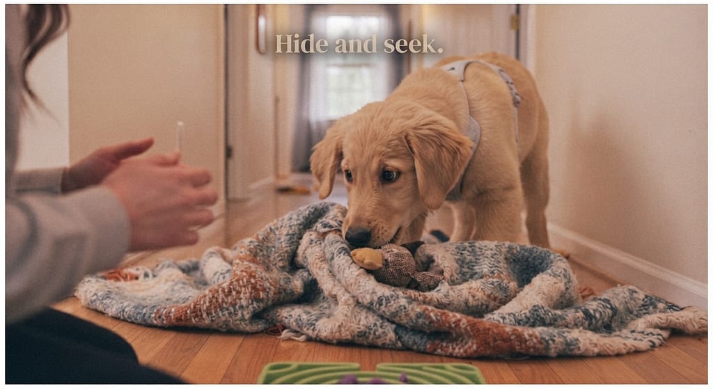 Blanket game photo Toy under blanket, dog searching. Text: "Hide and seek."