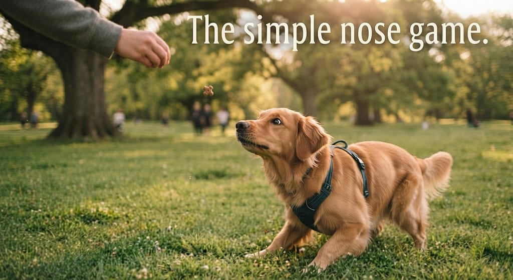 Find It hero photo Treat being tossed, dog watching. Text: "The simple nose game."