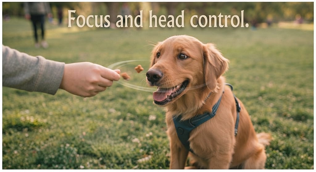 Airplane game photo Treat moving in circles, dog's head following. Text: "Focus and head control."