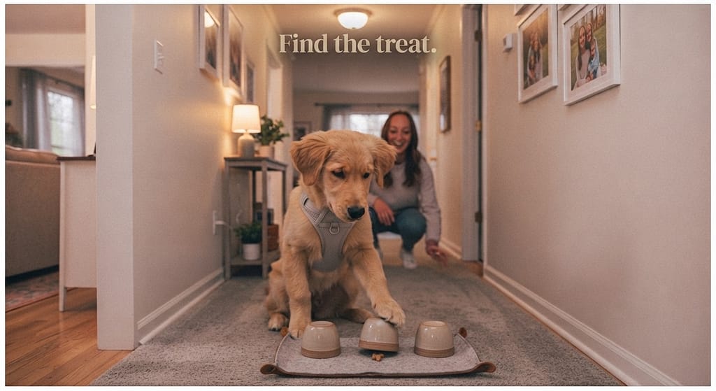 Shell game photo Treat under one of three cups. Text: "Find the treat."