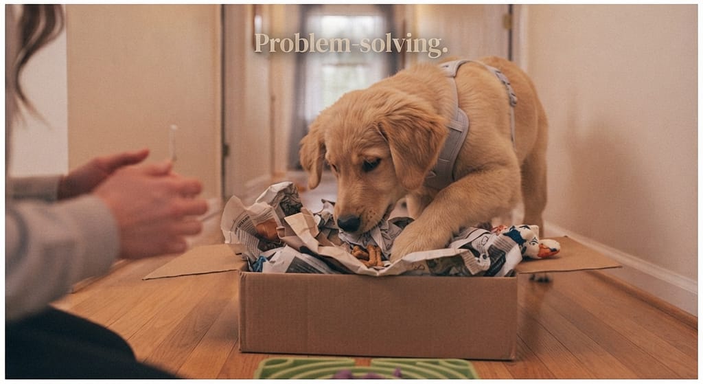Box game photo Treats in box, dog figuring out. Text: "Problem-solving."