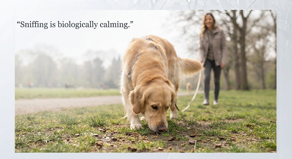 Find It action photo Treats scattered on ground, dog sniffing. Text: "Sniffing is biologically calming."