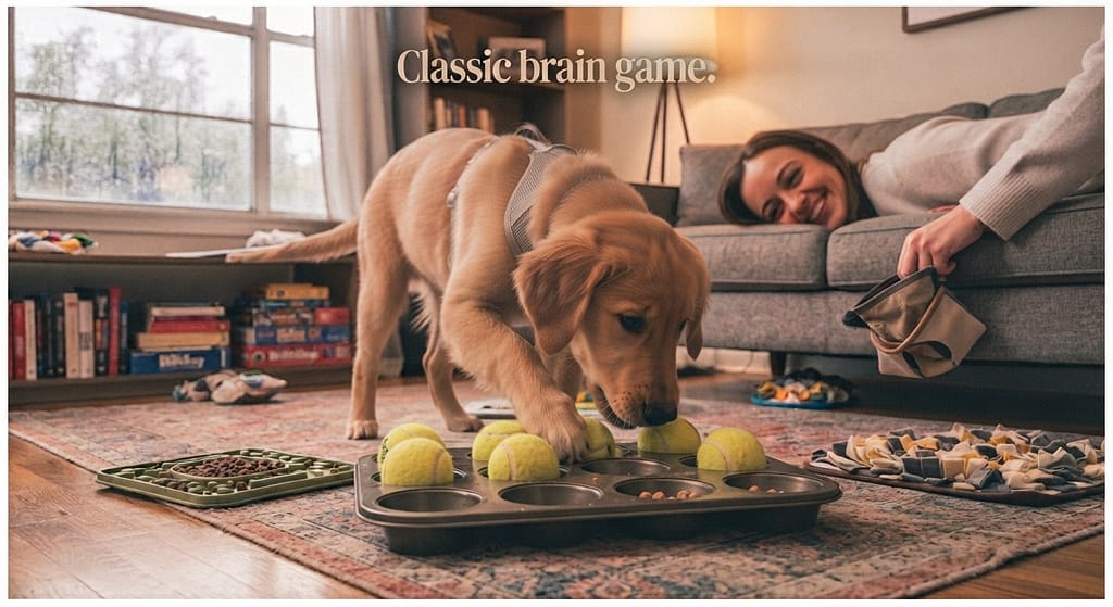 Muffin tin game photo Treats under tennis balls. Text: "Classic brain game."