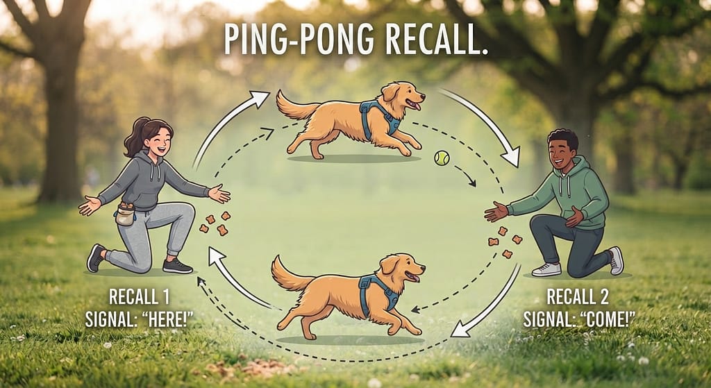 Round Robin diagram Two people, dog running between. Text: "Ping-pong recall."
