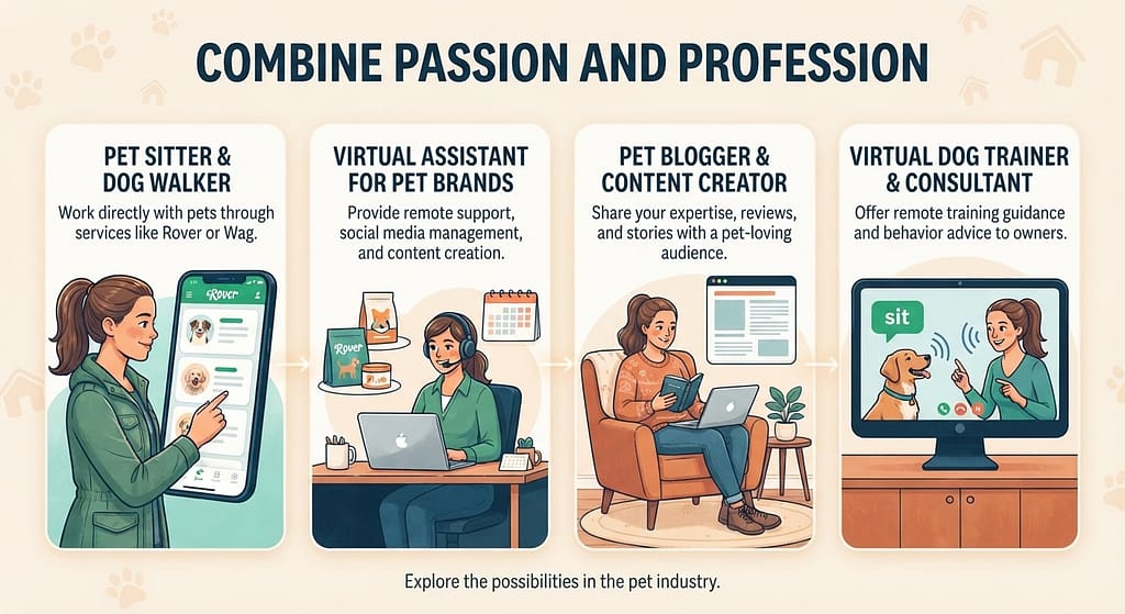 Job options graphic Rover/Wag, VA for pet brands, blogging, virtual training. Text: "Combine passion and profession."