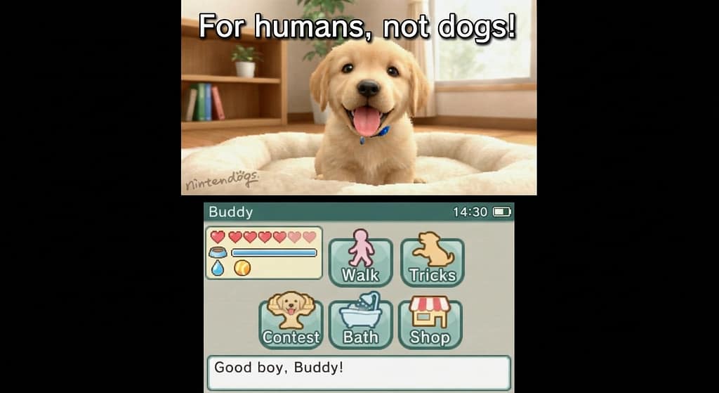 Nintendogs screenshot Video game. Text: "For humans, not dogs!"