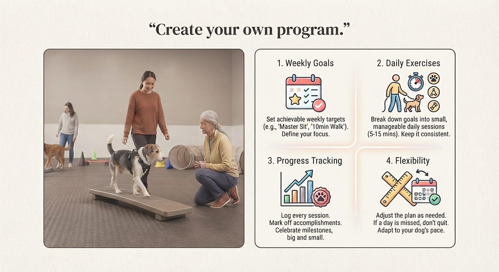 DIY program graphic Weekly goals / Daily exercises / Progress tracking / Flexibility. Text: "Create your own program."