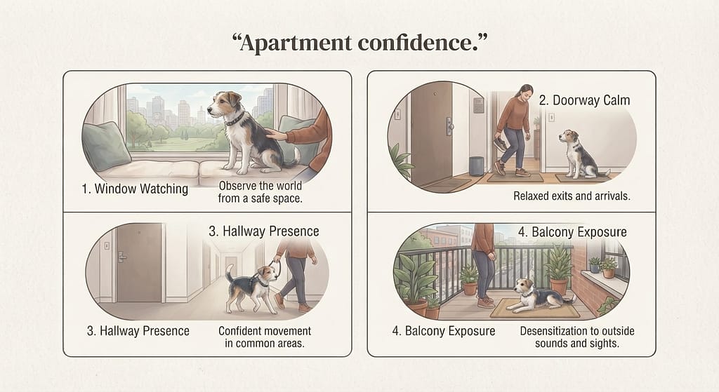 Apartment practice collage Window watching, doorway practice, hallway training, balcony desensitization. Text: "Apartment confidence."