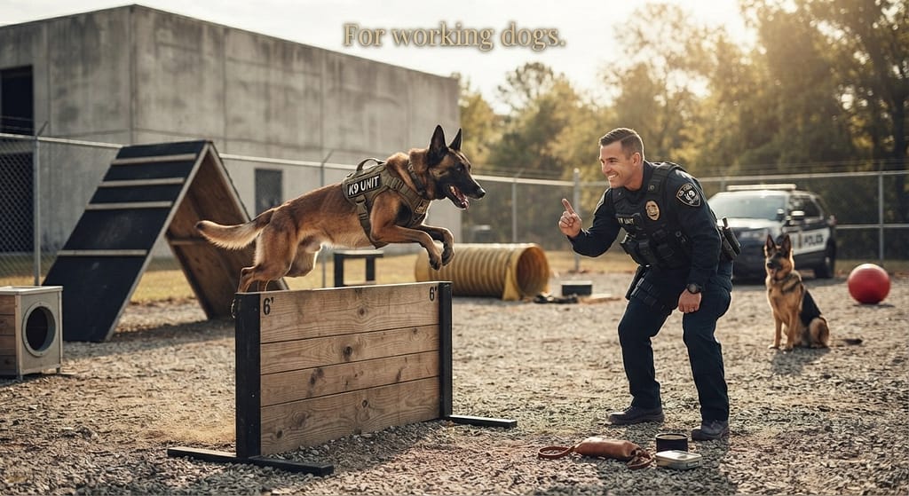 K9 games photo Working dog training. Text: "For working dogs."