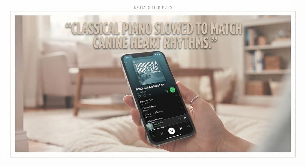 "Through a Dog's Ear" screenshot YouTube/Spotify playlist on phone. Text: "Classical piano slowed to match canine heart rhythms."