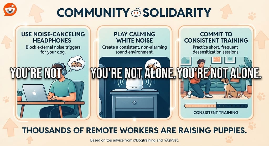 Reddit solidarity graphic "You're not alone." Text: "Thousands of remote workers are raising puppies."