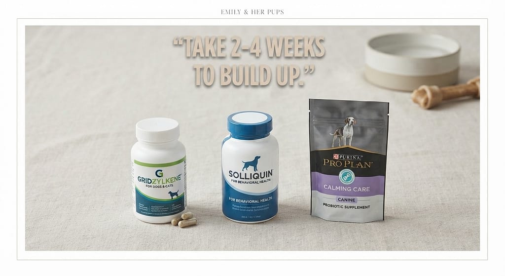 Calming supplement grid Zylkene, Solliquin, Purina Calming Care. Text: "Take 2-4 weeks to build up."
