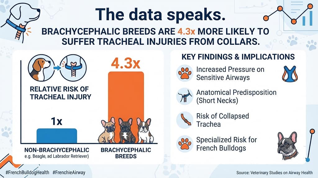 Statistic graphic Brachycephalic breeds are 4.3x more likely to suffer tracheal injuries from collars. Text: "The data speaks."