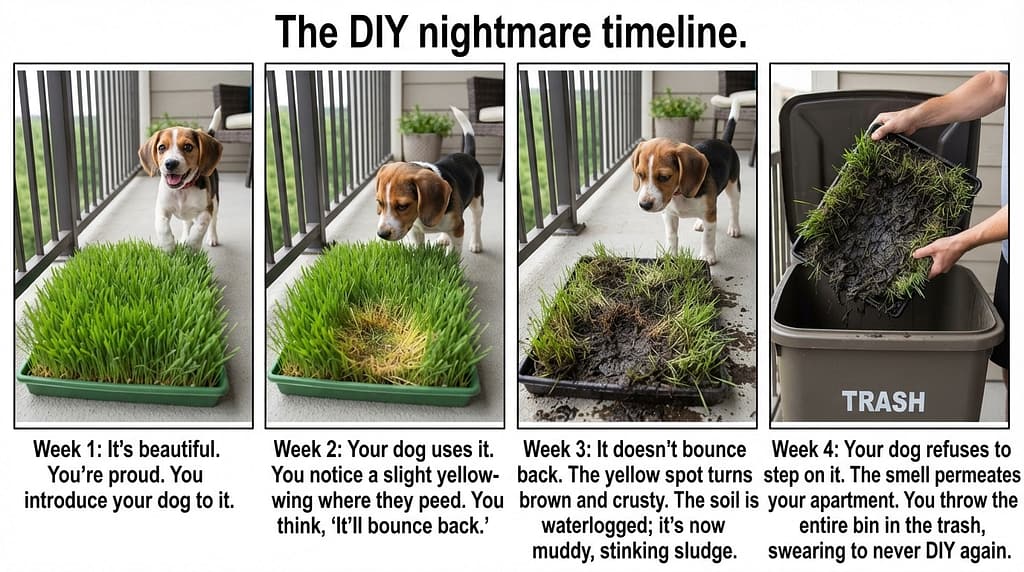 DIY fail sequence (4 images) 1. Beautiful sprouting grass / 2. Yellowing spot / 3. Brown crusty patch / 4. Muddy sludge tray. Text: "The DIY nightmare timeline."