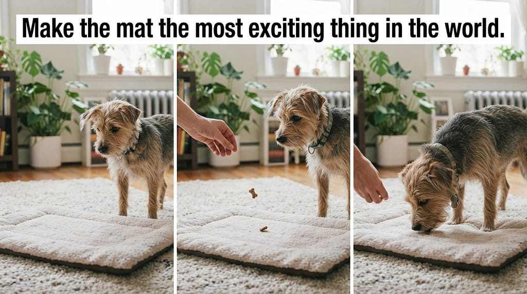 Mat introduction sequence (3 images) 1. Dog looks at mat / 2. Treat tossed on mat / 3. Dog on mat, eating. Text: "Make the mat the most exciting thing in the world."