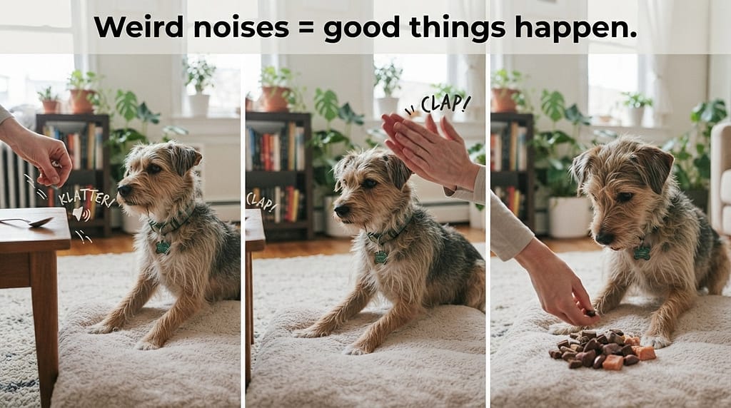 Distraction training sequence (3 images) 1. Drop spoon / 2. Clap hands / 3. Dog stays, jackpot. Text: "Weird noises = good things happen."