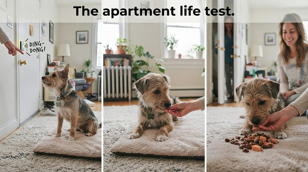 Doorbell training sequence (3 images) 1. Friend rings bell / 2. Preemptively treat / 3. Jackpot for staying. Text: "The apartment life test."