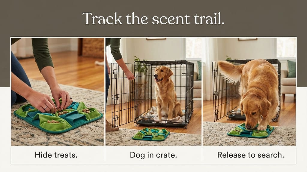 Find it sequence (3 images) 1. Hide treats / 2. Dog in crate / 3. Release to search. Text: "Track the scent trail."