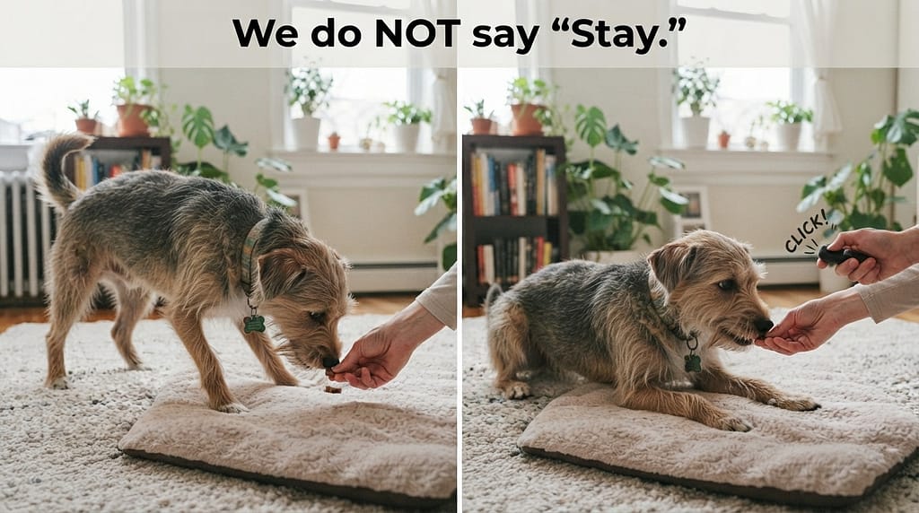 Down on mat sequence (2 images) 1. Lure down / 2. Elbows on mat, click + treat. Text: "We do NOT say 'Stay.'"