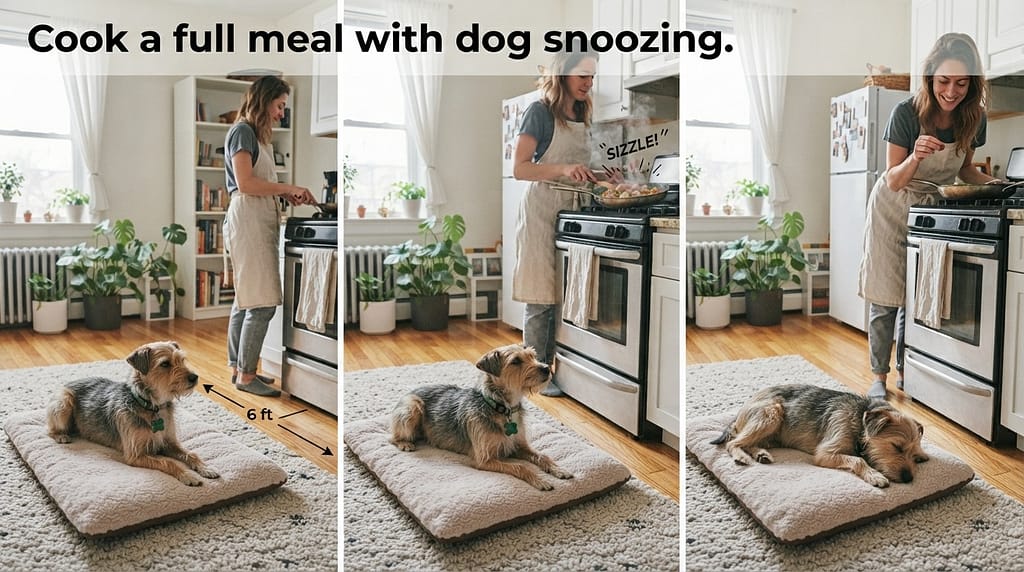 Cooking training sequence (3 images) 1. Mat 6 ft from stove / 2. Sizzle pan / 3. Dog stays, treats. Text: "Cook a full meal with dog snoozing."