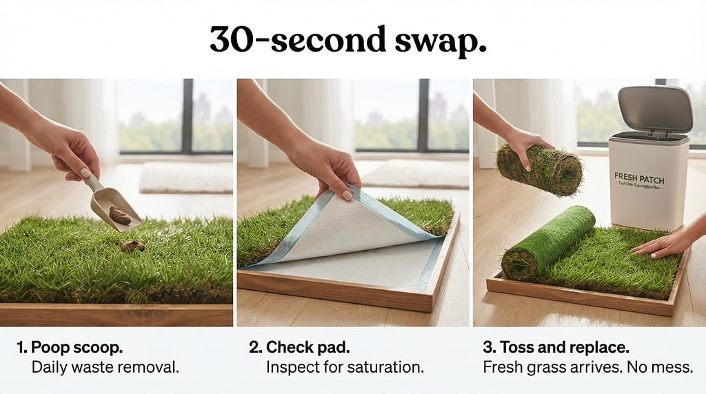 Subscription cleaning sequence (3 images) 1. Poop scoop / 2. Check pad / 3. Toss and replace. Text: "30-second swap."