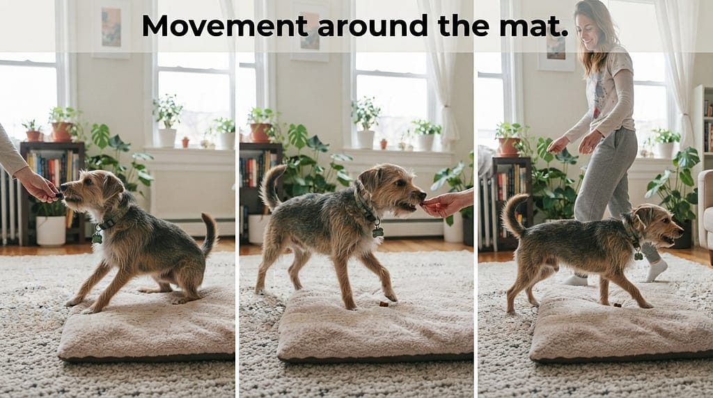 Movement sequence (3 images) 1. Step left / 2. Step right / 3. Walk circle, return. Text: "Movement around the mat."
