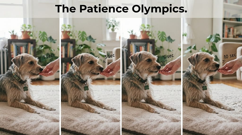 Duration training sequence (4 images) 1. Treat every 1 sec / 2. Every 3 sec / 3. Every 5 sec / 4. Every 10 sec. Text: "The Patience Olympics."