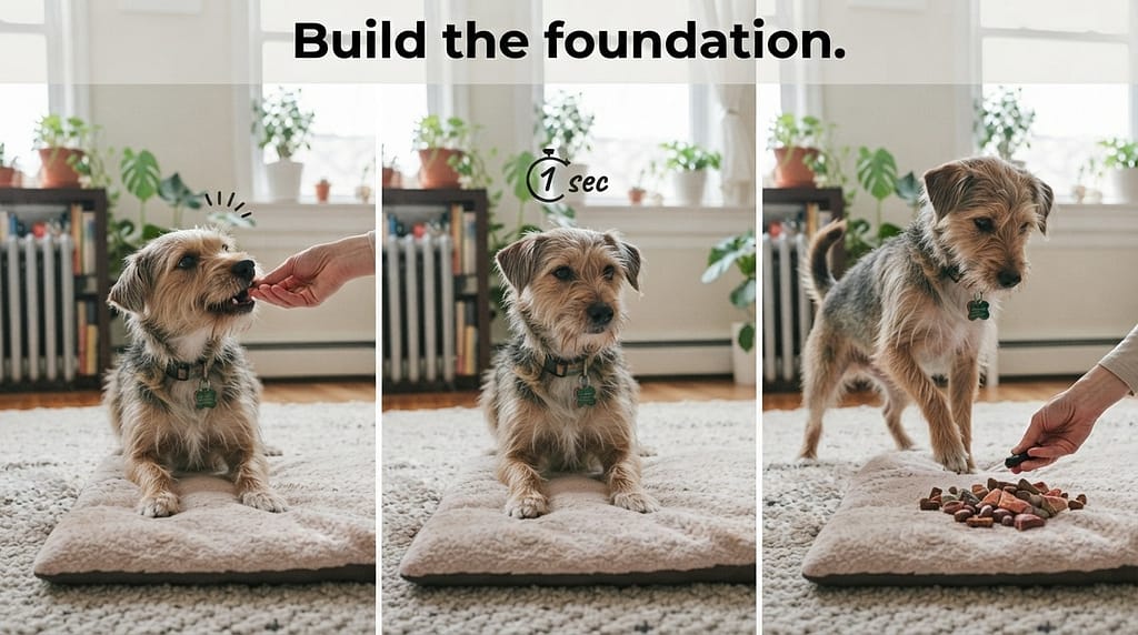 Baseline sequence (3 images) 1. Treat for down / 2. Count 1 sec / 3. Stand up, jackpot. Text: "Build the foundation."