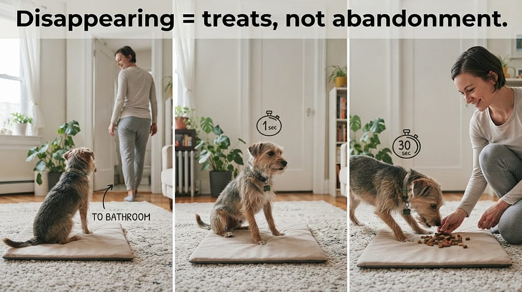 Out of sight sequence (3 images) 1. Walk to bathroom / 2. Close door 1 sec / 3. Close door 30 sec. Text: "Disappearing = treats, not abandonment."