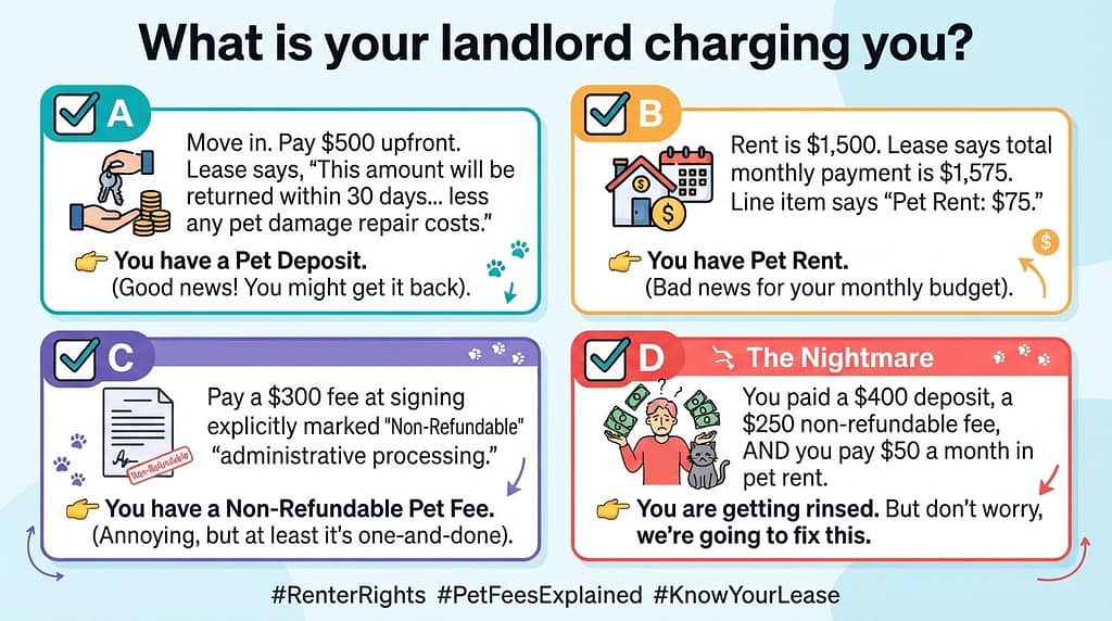 Quiz visual 4 scenarios with checkboxes and icons. Text: "What is your landlord charging you?"