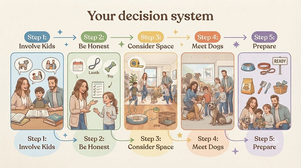 5-step infographic Step 1: Involve Kids / Step 2: Be Honest / Step 3: Consider Space / Step 4: Meet Dogs / Step 5: Prepare. Text: "Your decision system."