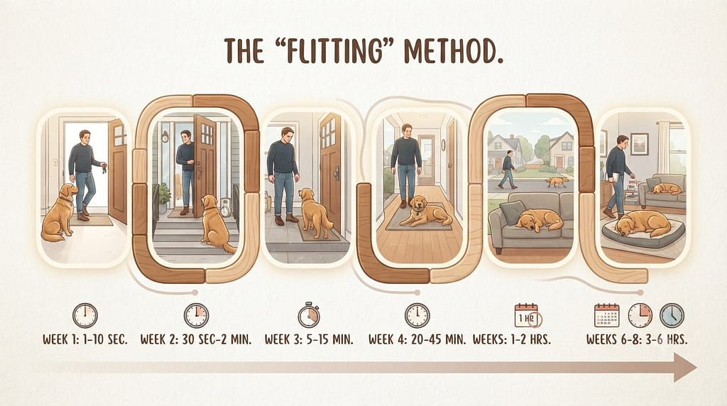 8-week timeline infographic Week 1: 1-10 sec / Week 2: 30 sec-2 min / Week 3: 5-15 min / Week 4: 20-45 min / Week 5: 1-2 hrs / Week 6-8: 3-6 hrs. Text: "The 'Flitting' Method."