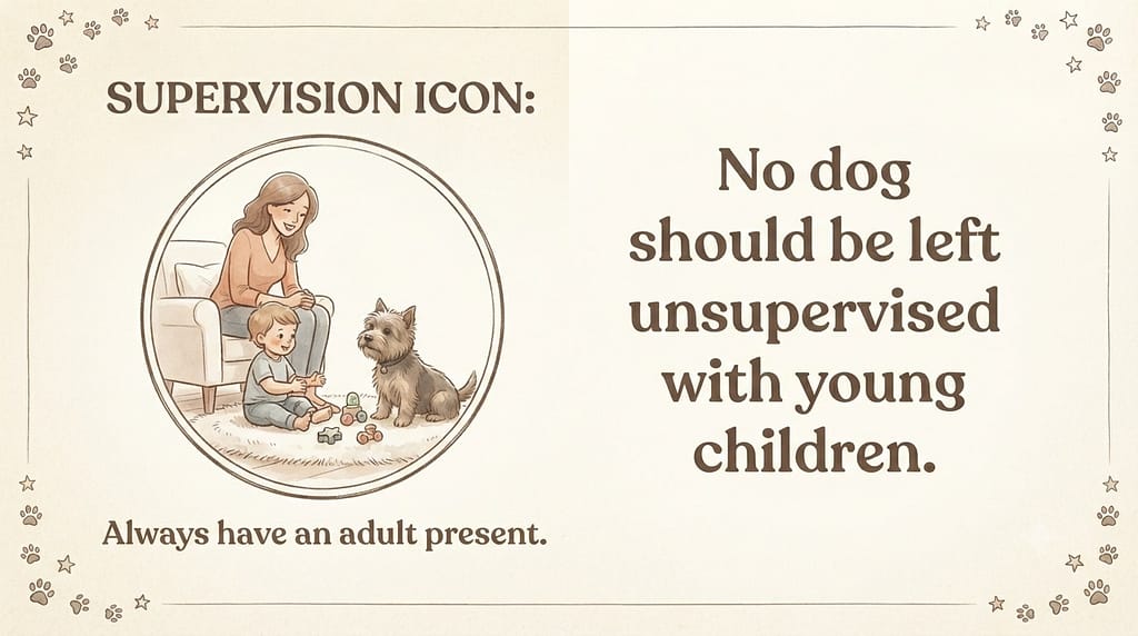 Supervision icon Always have adult present. Text: "No dog should be left unsupervised with young children."