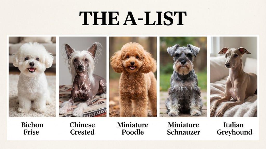 A-List breed collage 5 breed photos in a grid: Bichon, Chinese Crested, Mini Poodle, Mini Schnauzer, Italian Greyhound. Text: "The A-List."