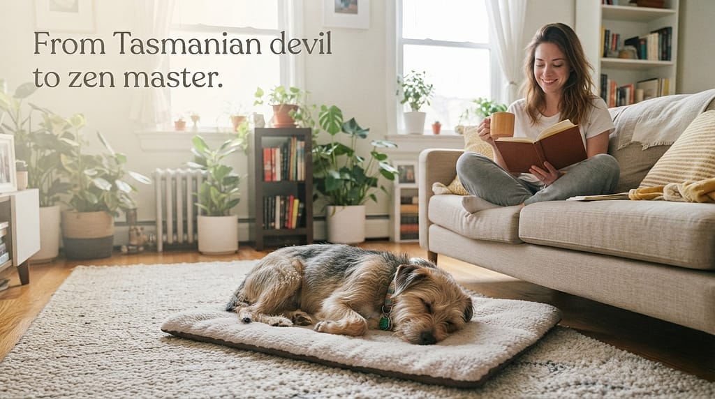 Aspirational hero photo Calm dog on mat, owner relaxed, peaceful apartment. Text: "From Tasmanian devil to zen master."