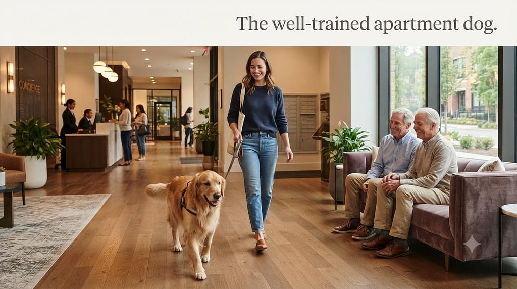 "After" hero photo Calm dog walking through building lobby, owner relaxed, neighbors smiling. Text: "The well-trained apartment dog."