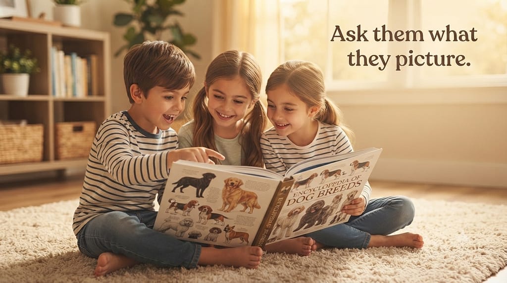 Kids with dog book photo Children looking at dog breed book together. Text: "Ask them what they picture."