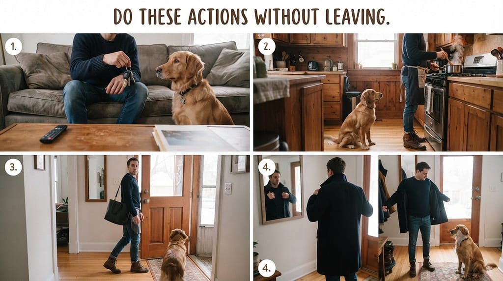 Cue jumbling sequence (4 images) 1. Keys + sit on couch / 2. Shoes + cook dinner / 3. Bag + walk to door + turn around / 4. Coat on/off. Text: "Do these actions without leaving."