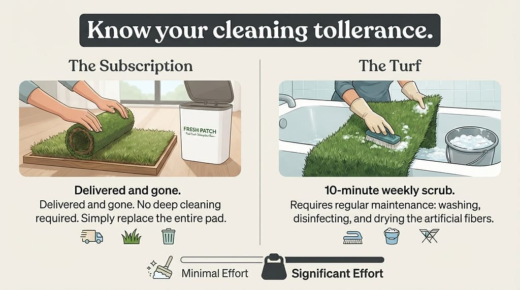 Subscription vs Turf comparison "Delivered and gone" vs "10-minute weekly scrub." Text: "Know your cleaning tolerance."
