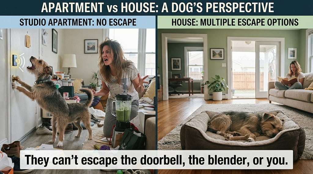 Apartment vs house comparison Dog in studio (always in your face) vs Dog with escape (house). Text: "They can't escape the doorbell, the blender, or you."