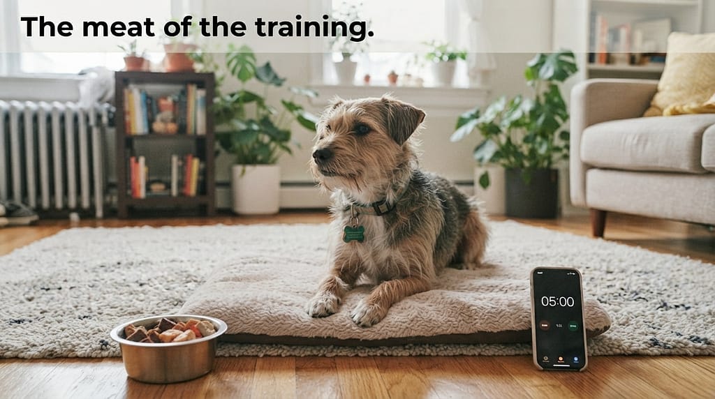 Protocol setup photo Dog on mat, bowl of treats, phone timer. Text: "The meat of the training."