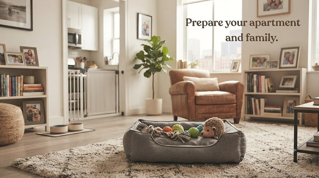 Prepared apartment photo Dog safe space with bed, toys, gate. Text: "Prepare your apartment and family."