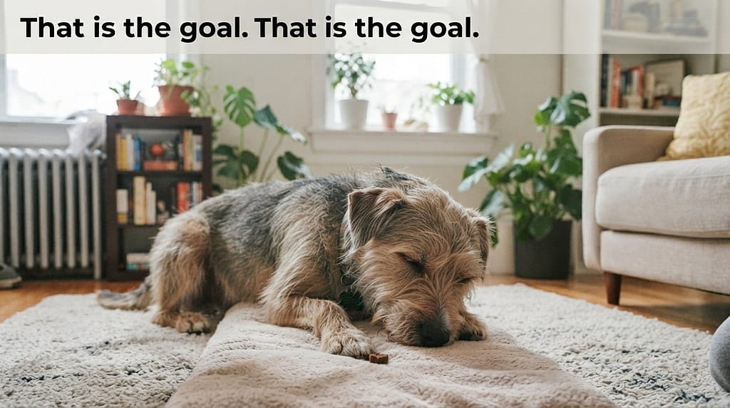 Sleeping dog on mat photo Dog snoozing on mat, treat between paws. Text: "That is the goal."