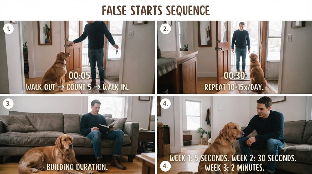 False starts sequence Walk out → count 5 → walk in. Repeat 10-15x/day. Text: "Week 1: 5 seconds. Week 2: 30 seconds. Week 3: 2 minutes."