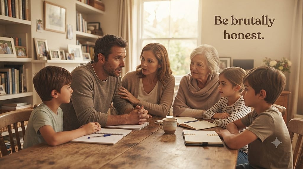 Family reflection photo Family discussing lifestyle honestly. Text: "Be brutally honest."