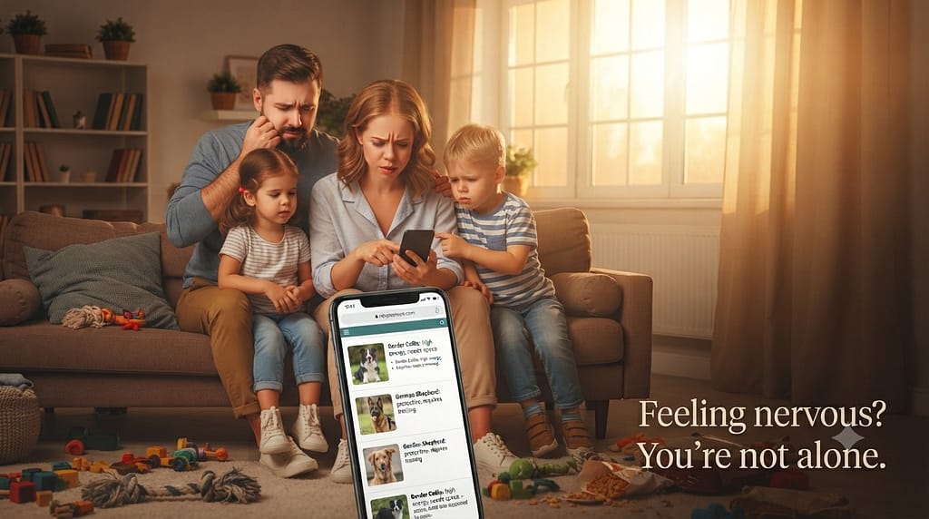 Relatable "nervous" photo Family looking at dog breed options on phone, concerned expressions. Text: "Feeling nervous? You're not alone."