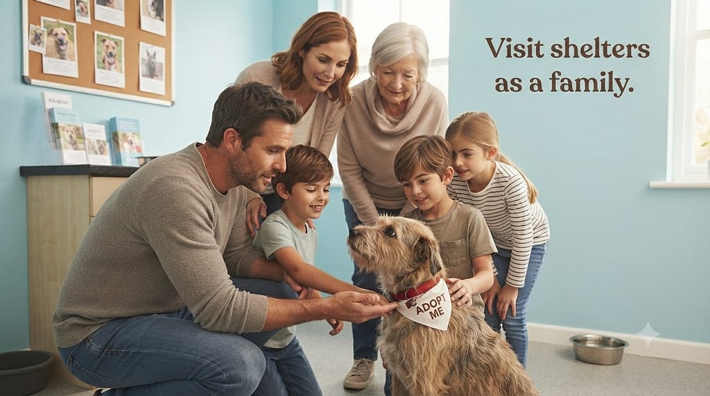 Family at shelter photo Family meeting dog at shelter. Text: "Visit shelters as a family."