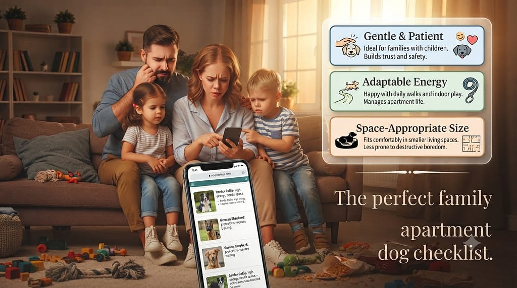 Three boxes graphic Gentle & Patient / Adaptable Energy / Space-Appropriate Size. Text: "The perfect family apartment dog checklist."