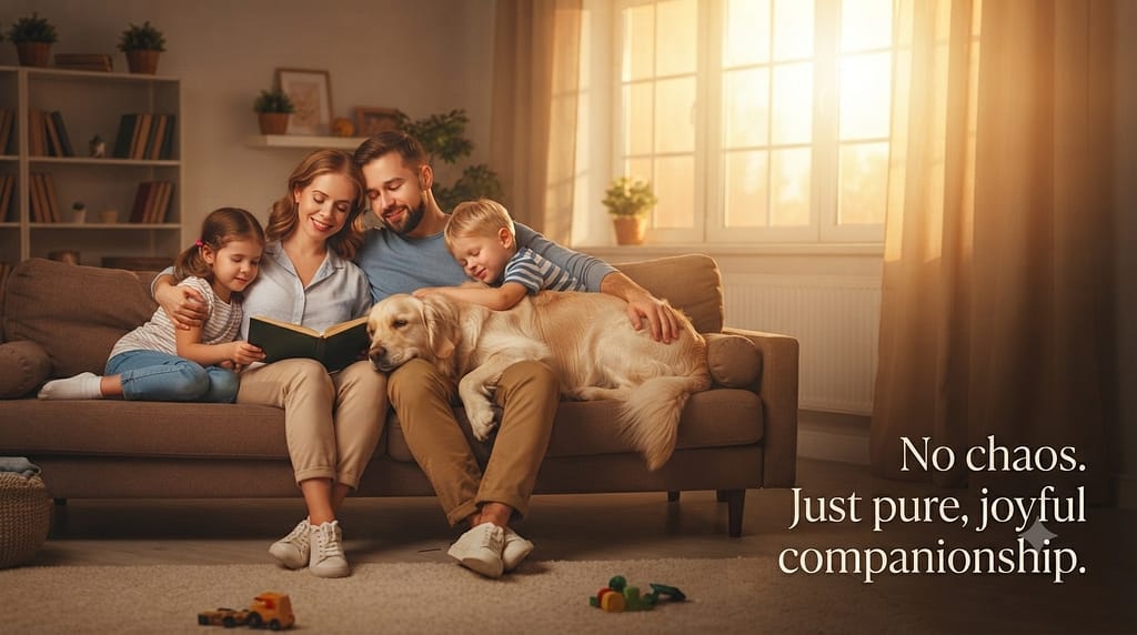 Aspirational "dream scene" photo Kids and dog peacefully cuddling in sunlit apartment, happy family. Text: "No chaos. Just pure, joyful companionship."
